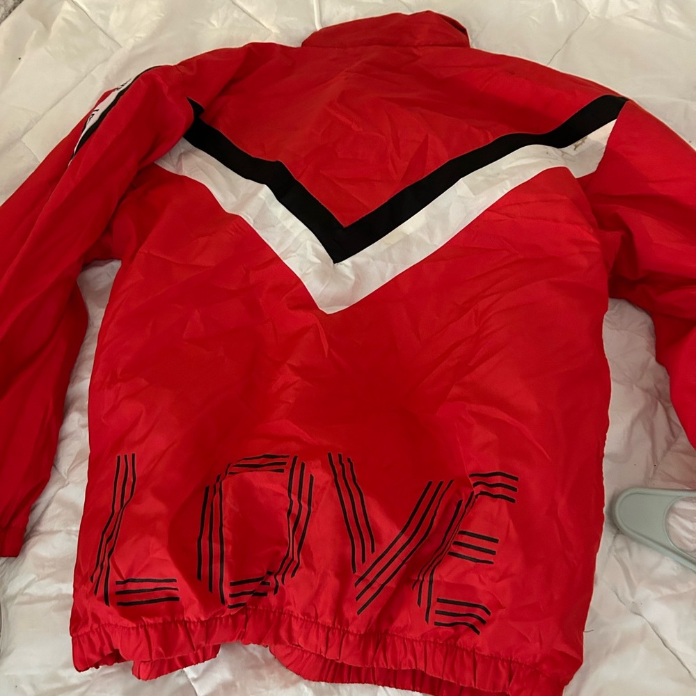 Red puffer jacket